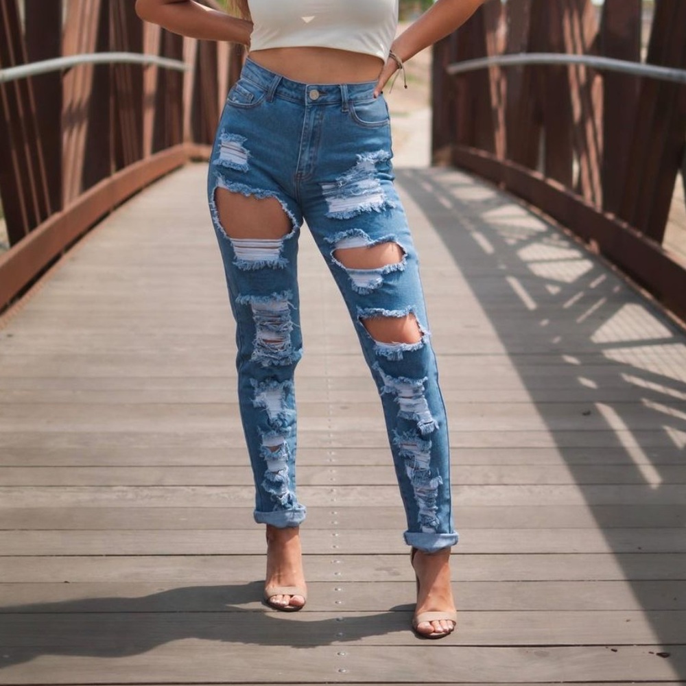 Distressed mom jeans